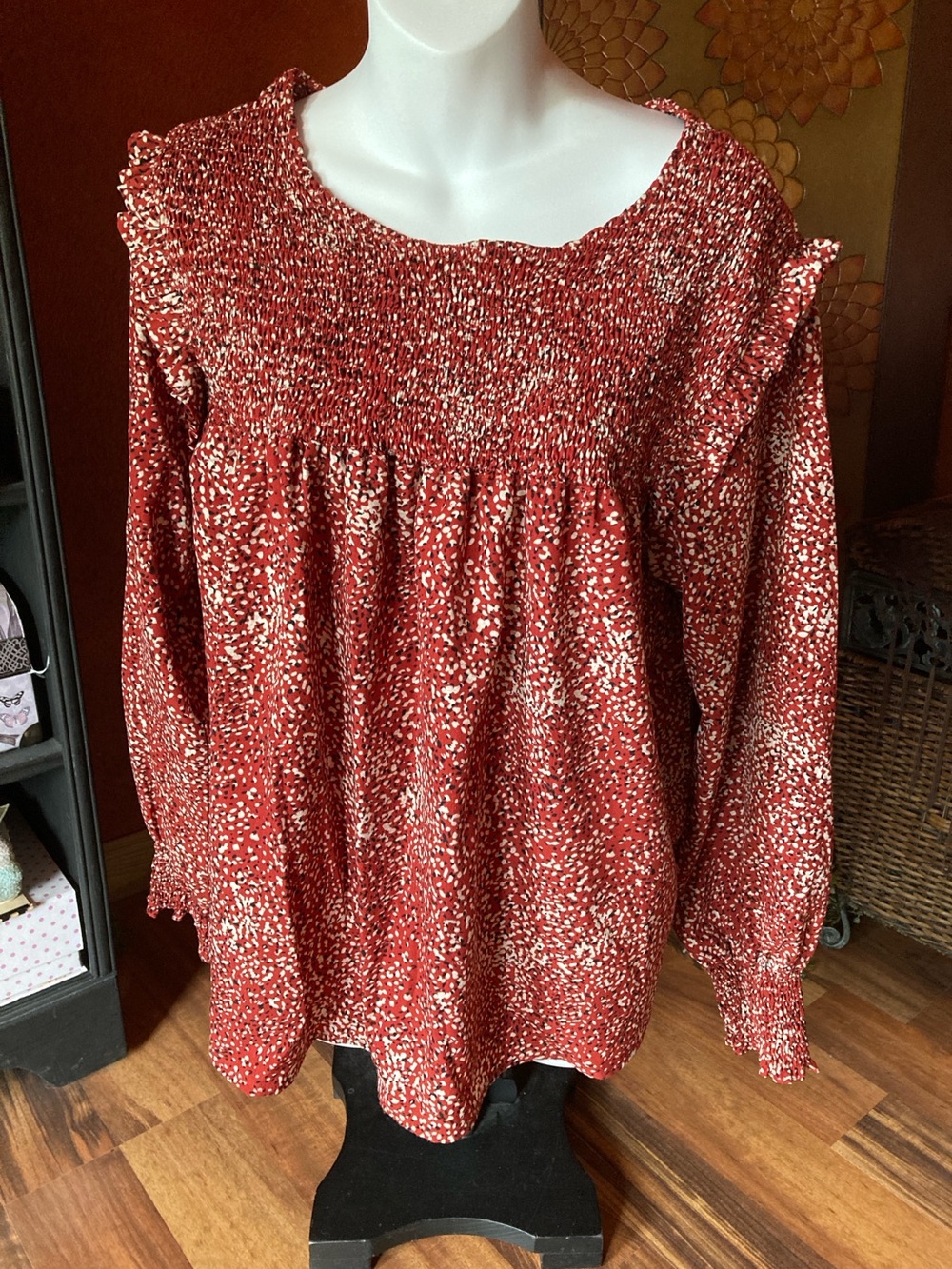 Kori America Large long sleeve patterned smocking ruffle accent blouse